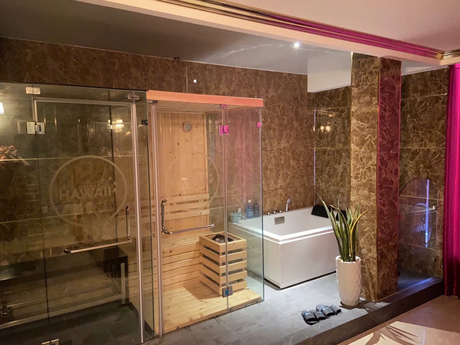 Khu wellness — phòng xông hơi gỗ và jacuzzi